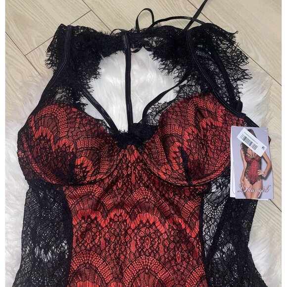 Dreamgirl High Neck Eyelash Lace Collared Teddy Bodysuit 10537 L Large Red Black - Picture 5 of 7